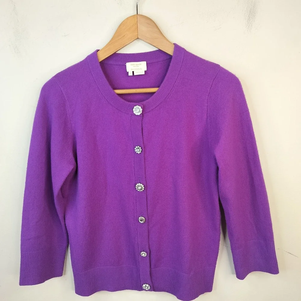 Kate Spade Wool Cashmere Cardigan Small Womens Rhinestone Button Preppy Purple